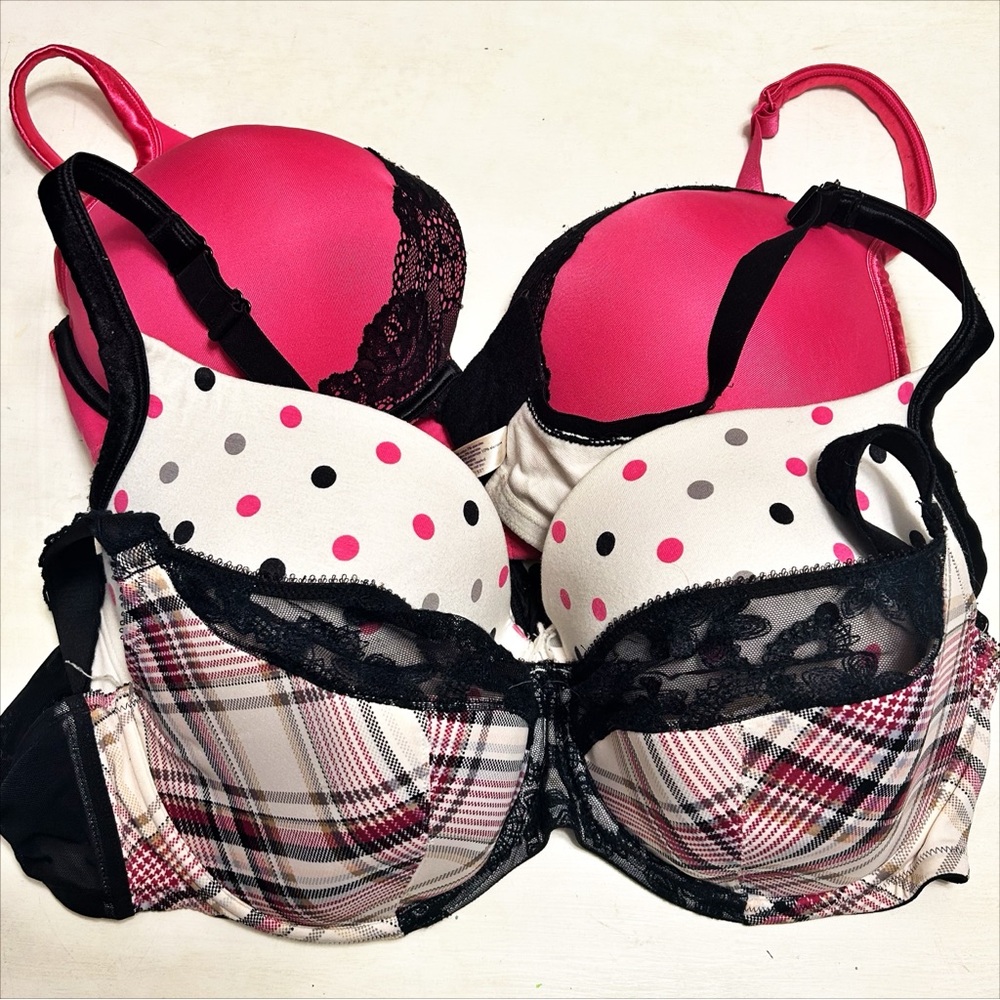 Cacique 3pc.Bra Bundle Size 44D Pink & Black Push Up Balconette Lane Bryant Lot
